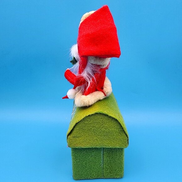 Santa Claus On Rooftop Green Felt Box Ornament Holly Gold Bell & Foil Accents v1 - Picture 6 of 10